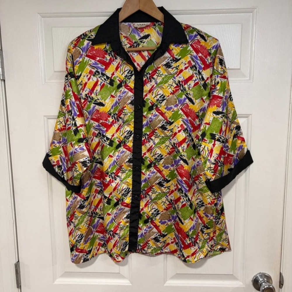 ANISE Vintage Colorful Bold Womens XL Abstract Print Button Up Oversized Shirt‎